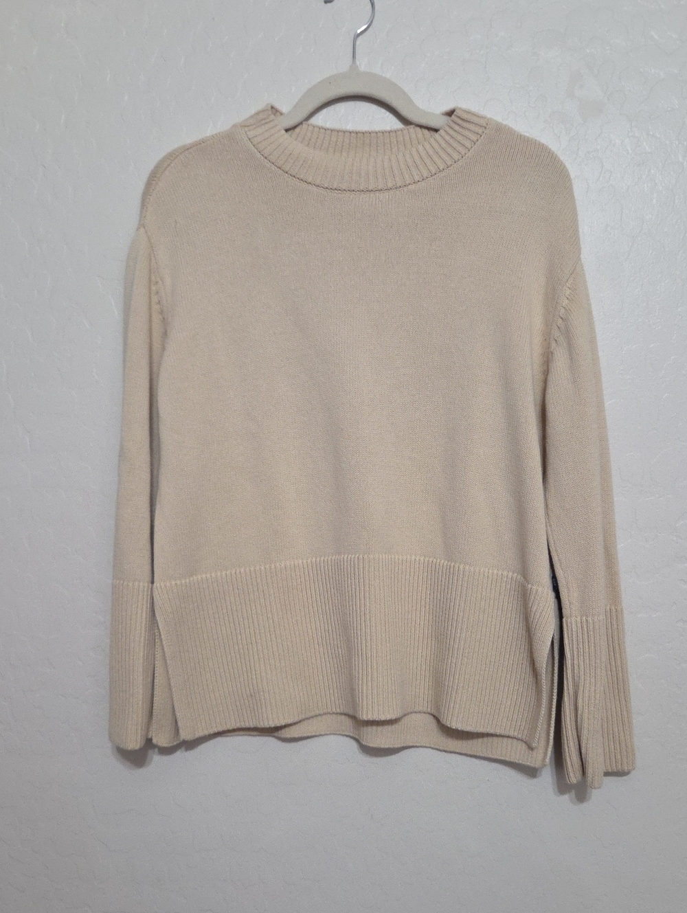 Relaxed Cream Crewneck Sweater with Ribbed Hem
